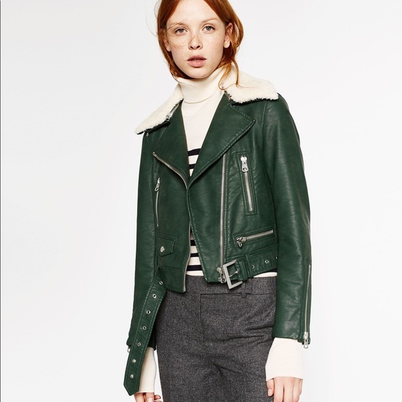 Zara Leather Green Jacket with removal Collar - Picture 2 of 16